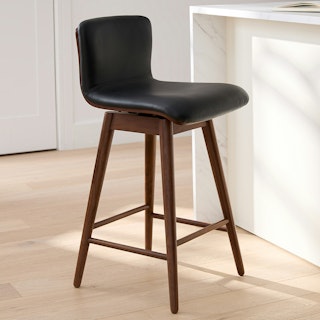 Sede Black Leather Walnut Swivel Counter Stool